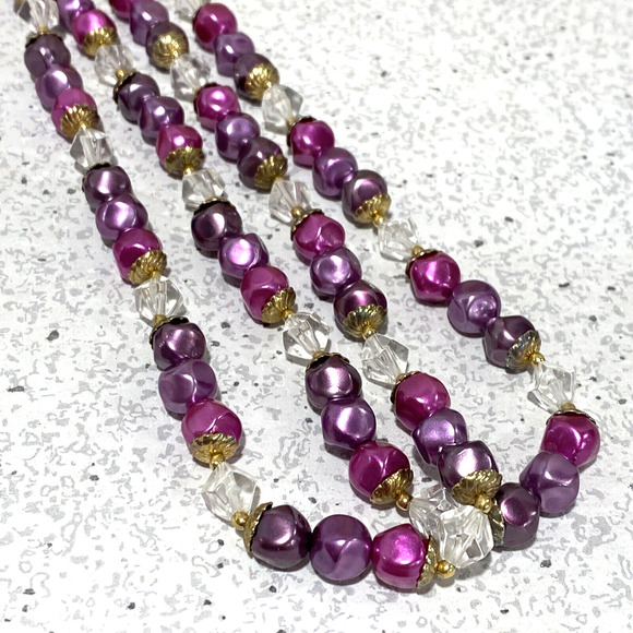Double strand beaded necklace purples & pink clear faceted beads retro romantic - Picture 4 of 4